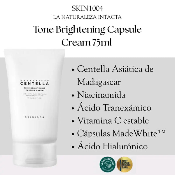 Crema coreana SKIN1004 Tone Brightening Capsule, 75ml, con envase y cápsulas para iluminar y mejorar la piel.