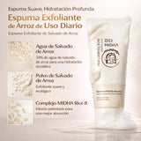 Espuma exfoliante de salvado de arroz MIDHA para cuidado facial coreano, 150 ml, con textura cremosa y suave.