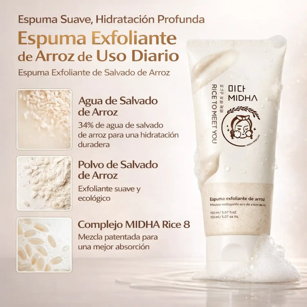 Espuma exfoliante de salvado de arroz MIDHA para cuidado facial coreano, 150 ml, con textura cremosa y suave.