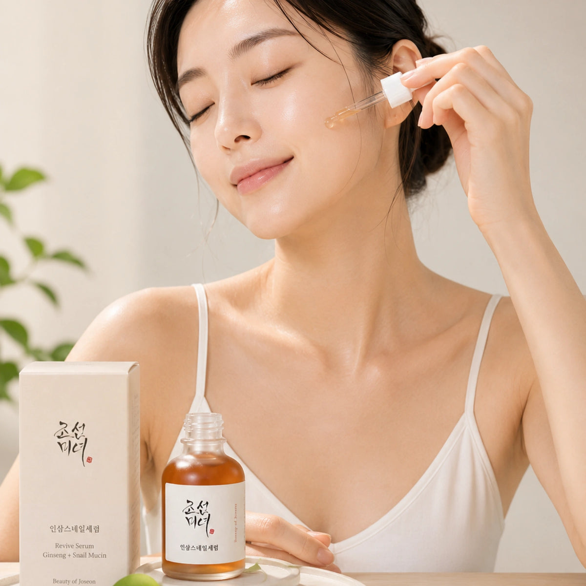 Suero coreano Beauty of Joseon Revive con ginseng y mucina de caracol, frasco de 30ml, para cuidado de la piel.