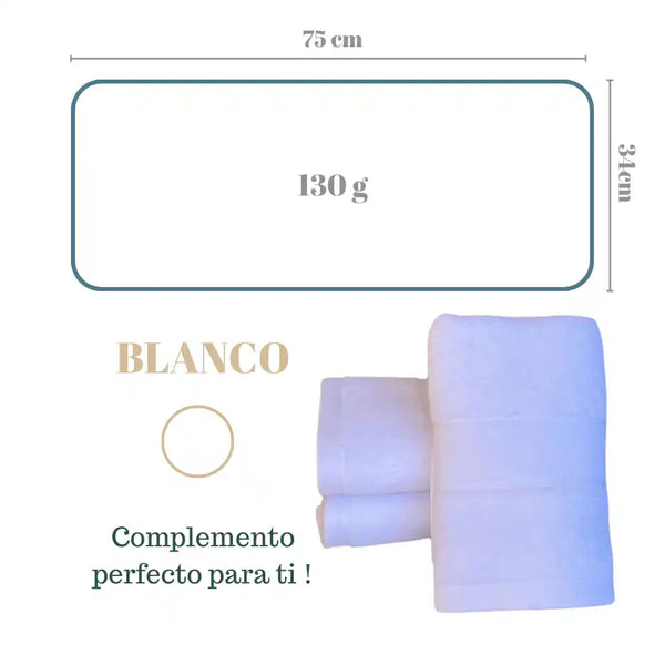Set de 4 toallas blancas de algodón 130 g, ideales para spa y hotel, con textura suave y tamaño cómodo.