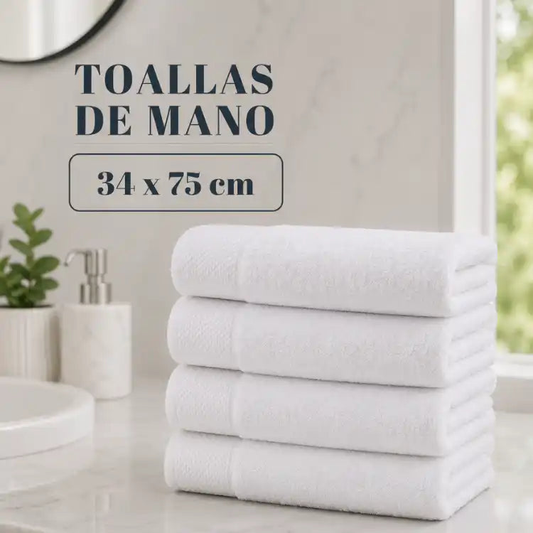 Juego de 4 toallas blancas de algodón para baño, tamaño 75x35 cm, peso 130 g, estilo hotel, marca Enigma Store.