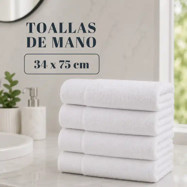 Juego de 4 toallas blancas de algodón para baño, tamaño 75x35 cm, peso 130 g, estilo hotel, marca Enigma Store.