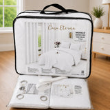 Juego de cobertor queen de 7 piezas en color blanco, de la marca Enigma Store, con diseño suave y acolchado para cama tamaño queen.