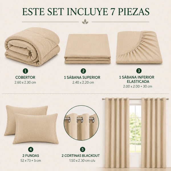 Set Cobertor Queen 7 Piezas Beige