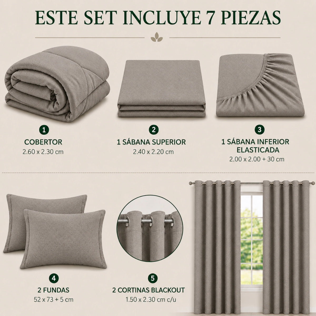 Set Cobertor Queen 7 Piezas Taupe