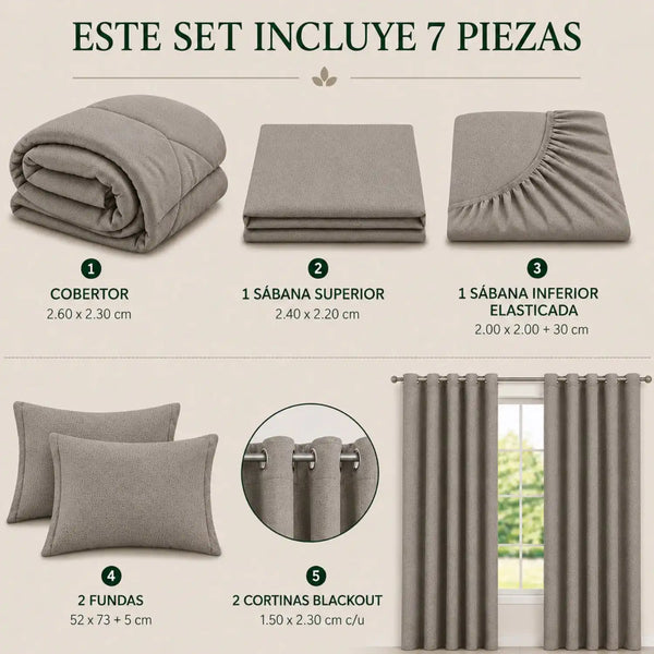 Juego de cobertor queen de 7 piezas en tono taupe, con mantas y fundas, de la marca Enigma Store, en colores suaves y elegantes.