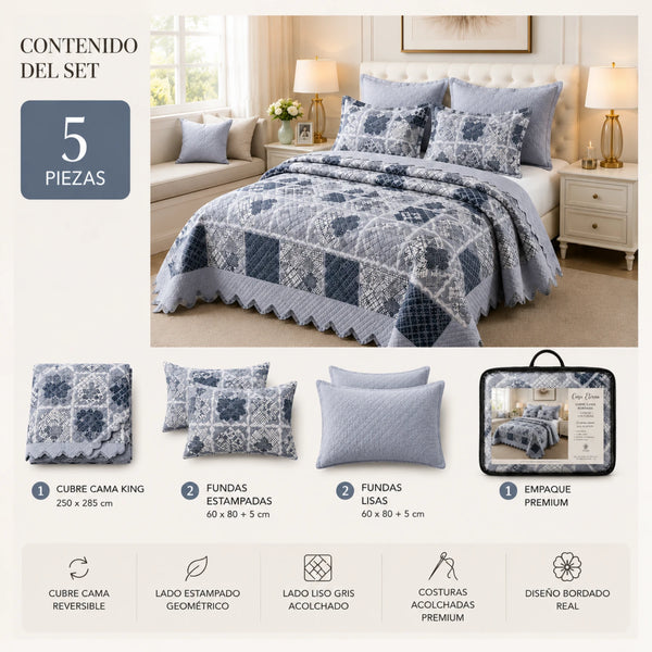 Cubrecama Quilt Bordado King 5 Piezas Geometrico