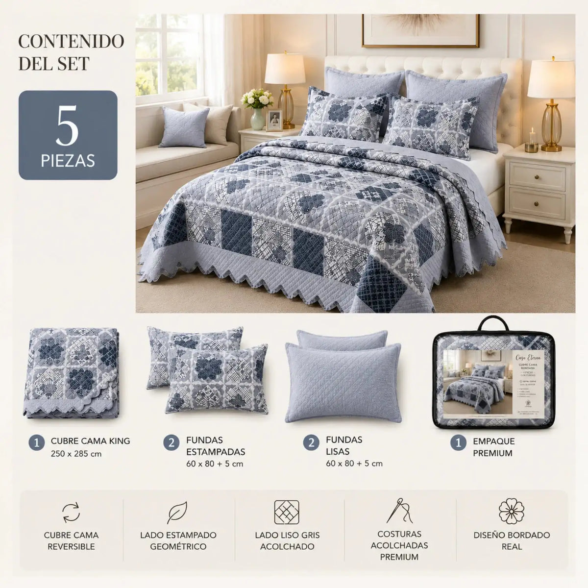 Cubrecama quilt bordado King de 5 piezas con diseño geométrico en colores neutros, de la marca Casa Eterna.