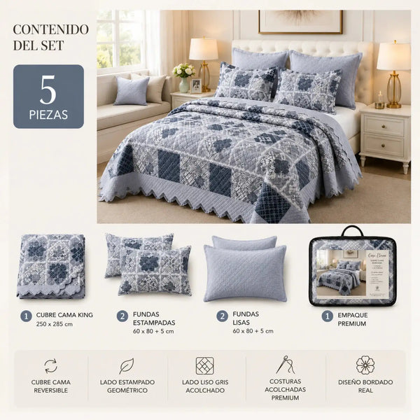 Cubrecama quilt bordado King de 5 piezas con diseño geométrico en colores neutros, de la marca Casa Eterna.