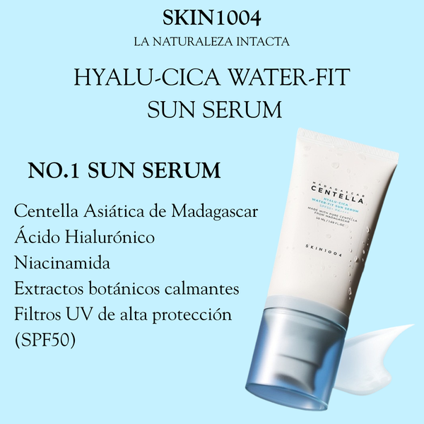 Suero solar coreano SKIN1004 Hyalu-Cica Water-Fit Sun Serum 50ml en botella con dispensador, textura ligera y hidratante