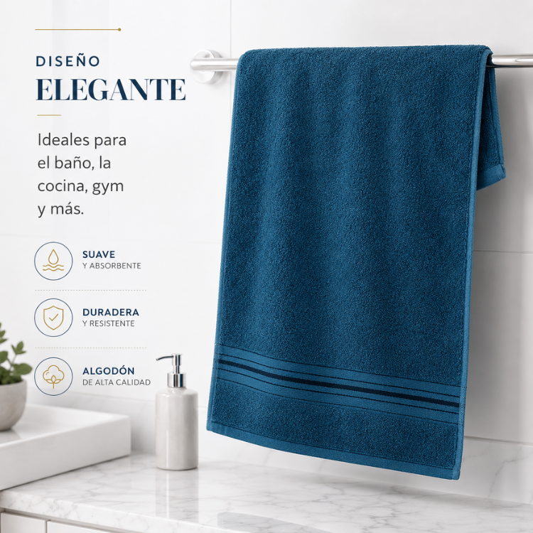 Set de 4 toallas de algodón azul profundo de 130 g de estilo hotel spa, perfectas para baño y spa.