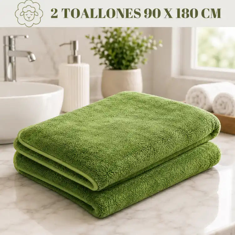 Set de 2 toallas de baño grandes de microfibra verdes, toallon 90x180cm, con textura suave y absorbente.