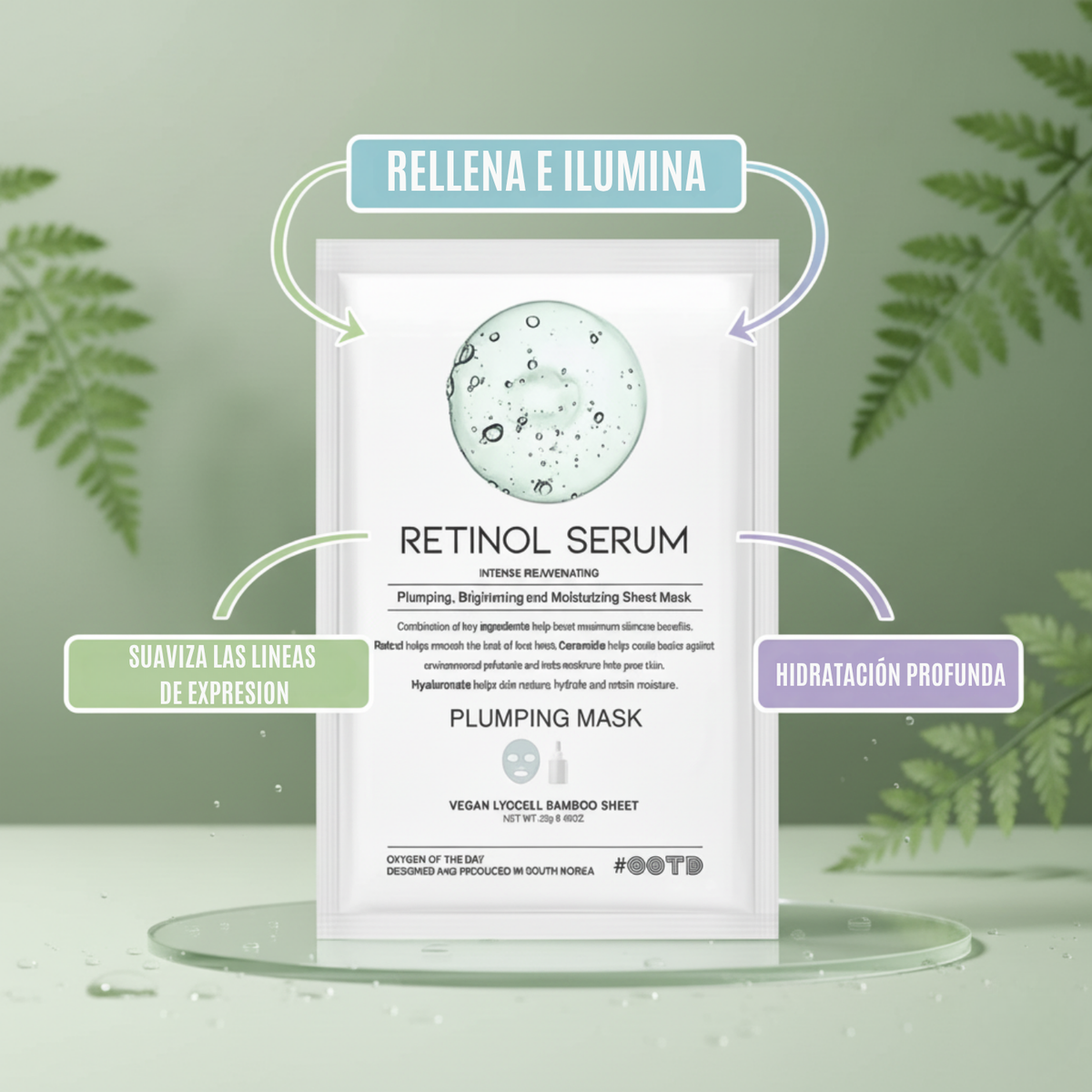 Mascarilla facial coreana OOTD Retinol Serum Plumping para cuidado de la piel, con textura cremosa y fórmula rejuvenecedora.