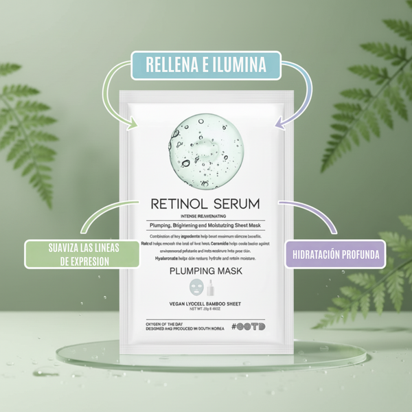 Mascarilla facial coreana OOTD Retinol Serum Plumping para cuidado de la piel, con textura cremosa y fórmula rejuvenecedora.