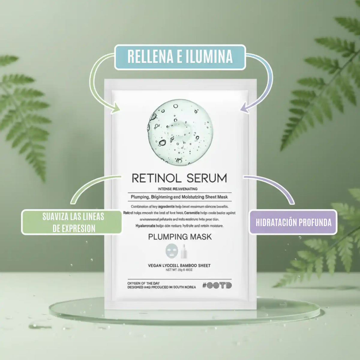 Mascarilla facial coreana OOTD Retinol Serum Plumping para cuidado de la piel, con textura cremosa y fórmula rejuvenecedora.