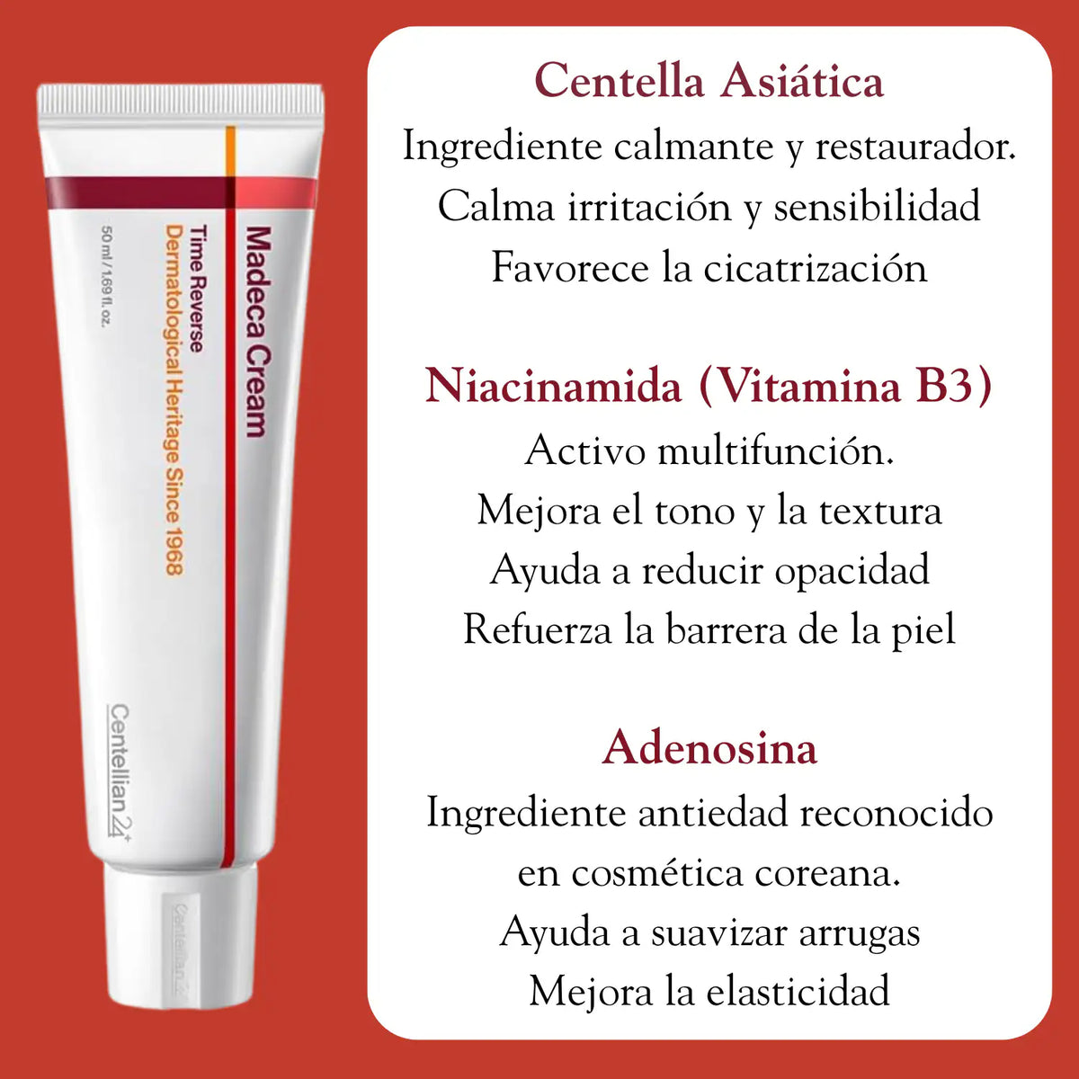 Crema coreana CENTELLIAN 24 The Madeca Time Reverse, 50ml, con textura cremosa para cuidado reafirmante de la piel.