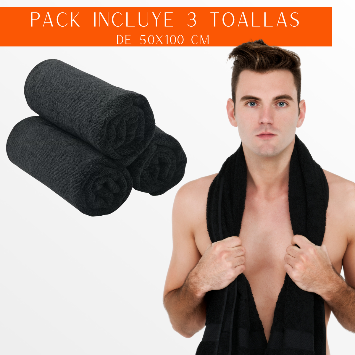 Pack 3 Toalla Negra de microfibra para Hotel Barberia Spa Gym 50x100 Cm