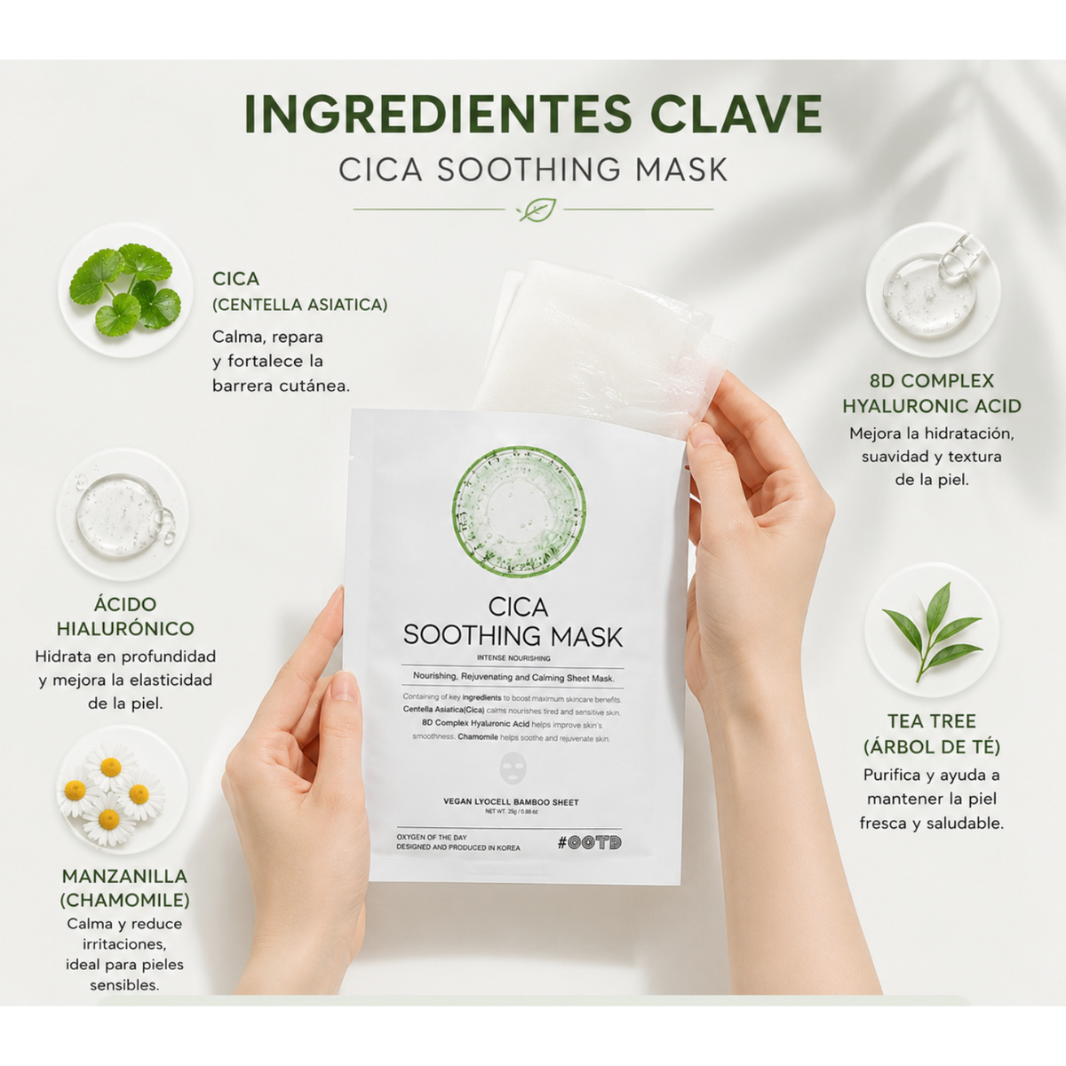 Máscara facial calmante OOTD Cica Soothing para cuidado de la piel coreano, con ingredientes relajantes y textura suave.