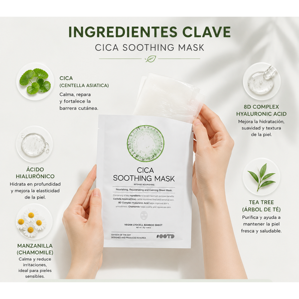 Máscara facial calmante OOTD Cica Soothing para cuidado de la piel coreano, con ingredientes relajantes y textura suave.