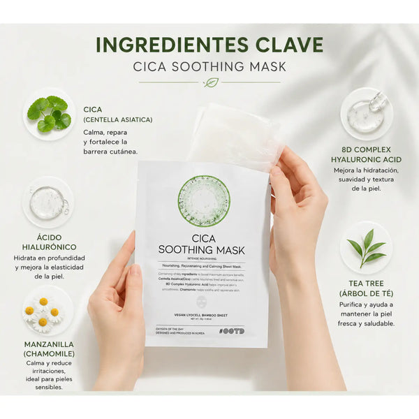Máscara facial calmante OOTD Cica Soothing para cuidado de la piel coreano, con ingredientes relajantes y textura suave.