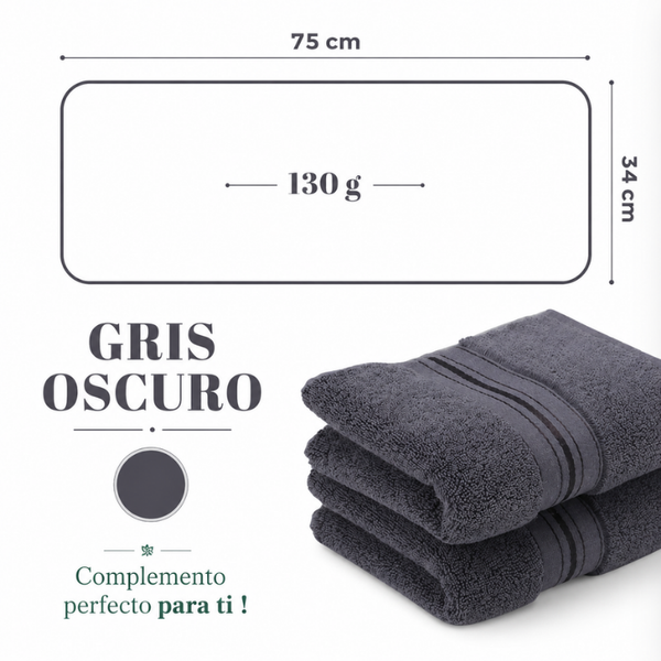 Conjunto de 4 toallas de algodón grafito de 130 g, ideales para hotel y spa, en imagen mostrando su textura suave y tamaño.