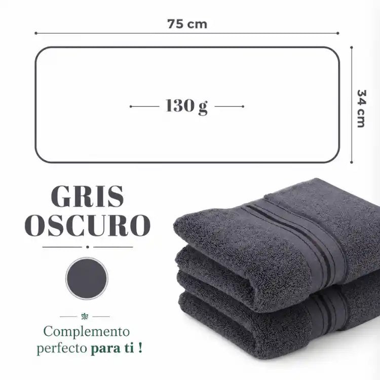 Conjunto de 4 toallas de algodón grafito de 130 g, ideales para hotel y spa, en imagen mostrando su textura suave y tamaño.