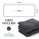 Conjunto de 4 toallas de algodón grafito de 130 g, ideales para hotel y spa, en imagen mostrando su textura suave y tamaño.