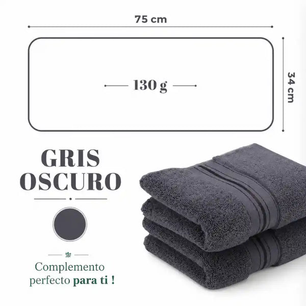 Conjunto de 4 toallas de algodón grafito de 130 g, ideales para hotel y spa, en imagen mostrando su textura suave y tamaño.