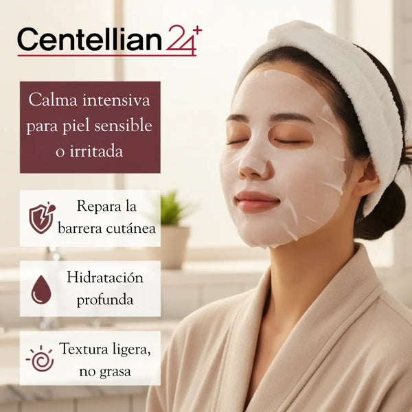 Máscara facial coreana CENTELLIAN 24 Madeca Derma para lifting intensivo, con ingredientes hidratantes y reafirmantes.
