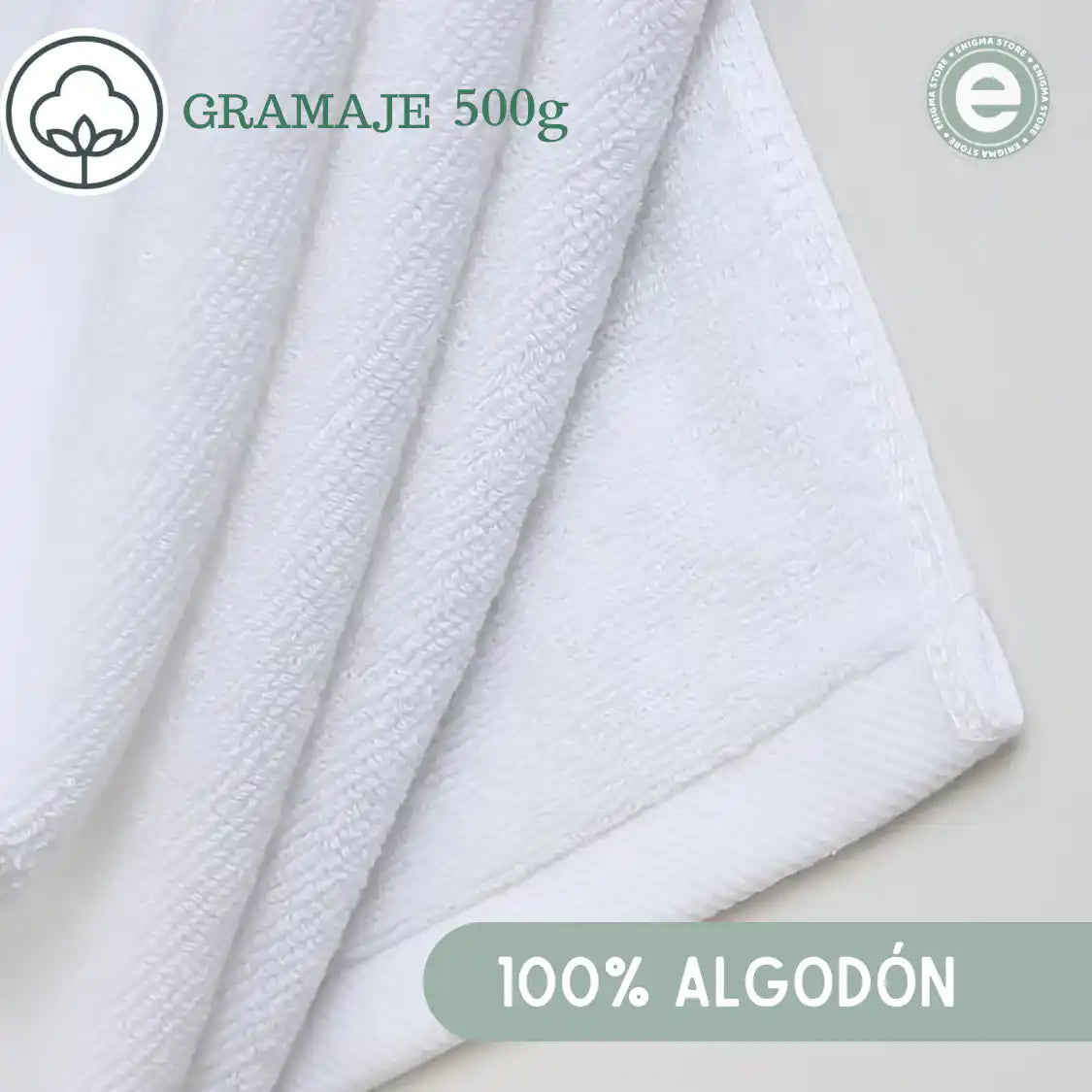 Set de 3 toallas de baño blancas de algodón Enigma Store, tamaño 70x140 cm y peso 500g, con textura suave y absorbente.