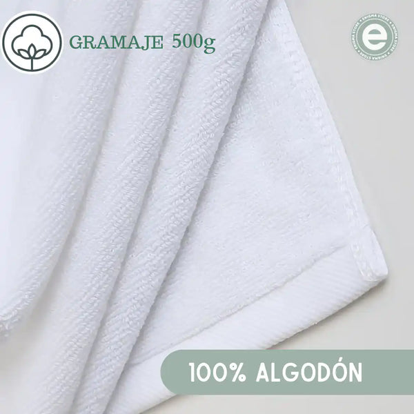Set de 3 toallas de baño blancas de algodón Enigma Store, tamaño 70x140 cm y peso 500g, con textura suave y absorbente.