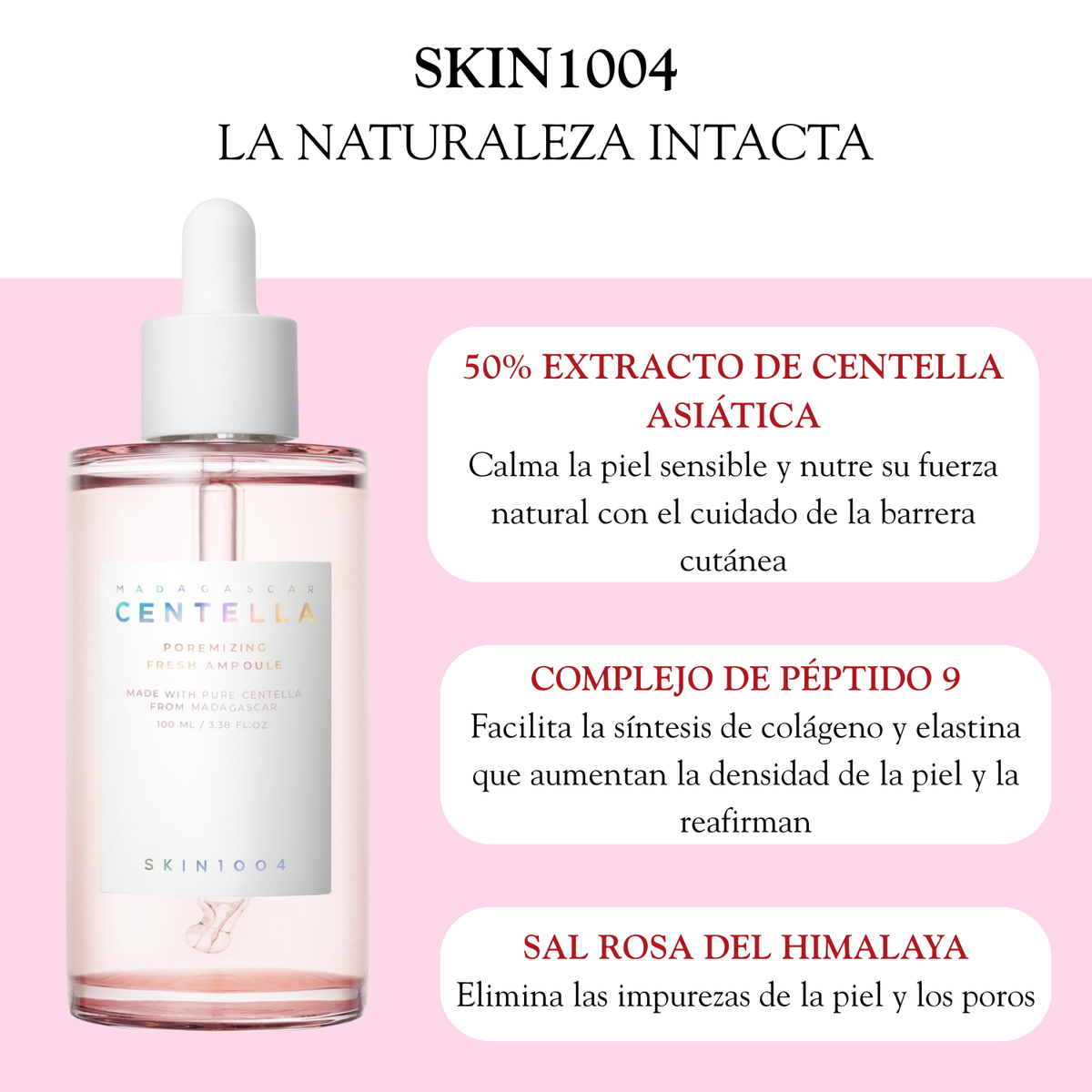 Ampolla hidratante SKIN1004 Poremizing Fresh de 100ml, envase con textura y diseño minimalista para cuidado de la piel.