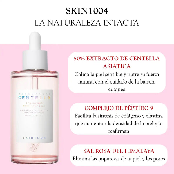 Ampolla hidratante SKIN1004 Poremizing Fresh de 100ml, envase con textura y diseño minimalista para cuidado de la piel.
