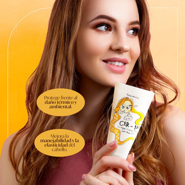 Tratamiento capilar Elizavecca CER-100 con colágeno y ceramidas en frasco de 100ml, cuidado suave para el cabello.