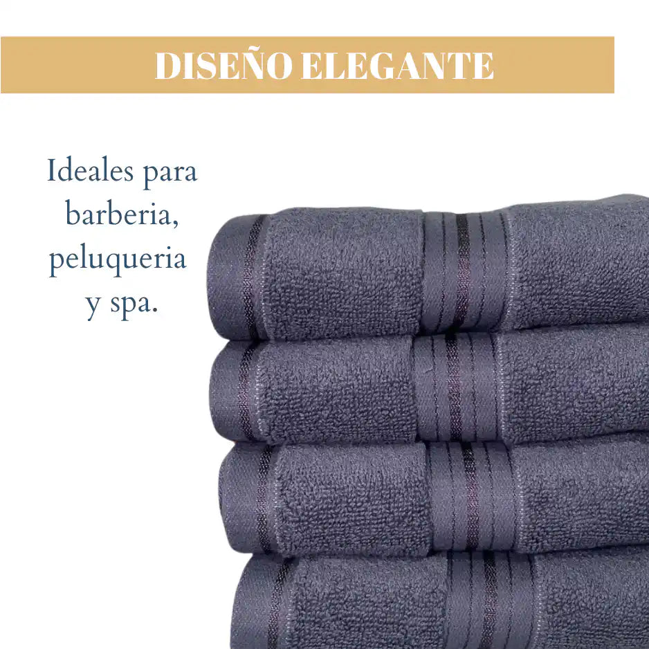 Cuatro toallas de algodón grafito de 130 g, ideales para hotel y spa, mostrando la textura suave y tamaño de las toallas Enigma Store.