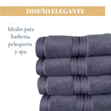 Cuatro toallas de algodón grafito de 130 g, ideales para hotel y spa, mostrando la textura suave y tamaño de las toallas Enigma Store.