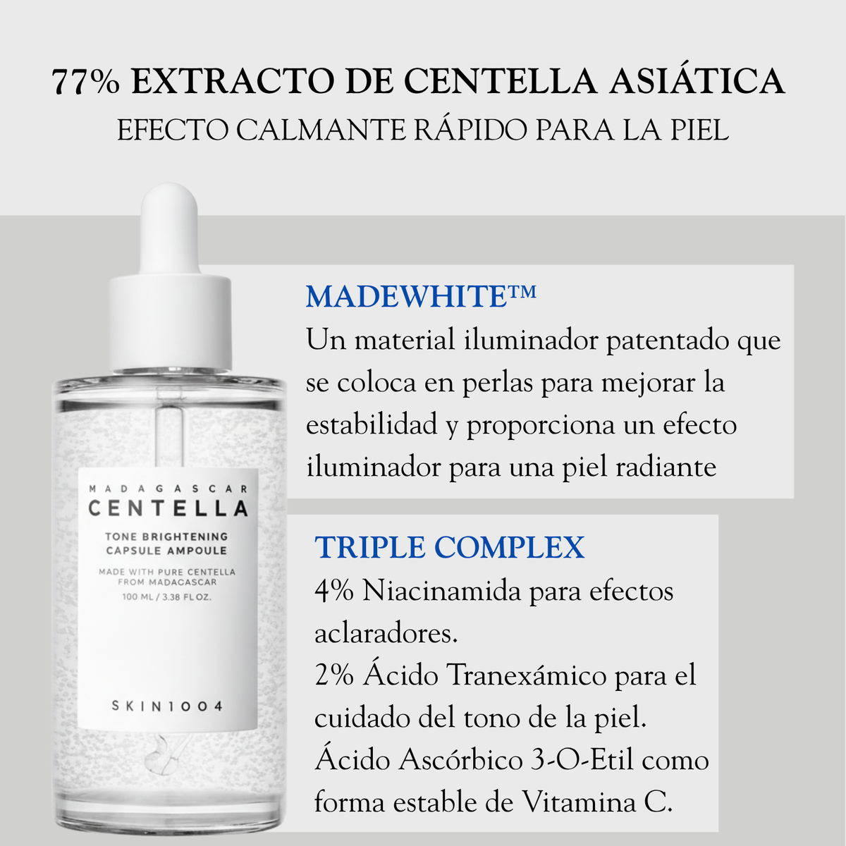 Ampolla coreana SKIN1004 Tone Brightening, frasco de 100 ml con cápsulas para un cuidado facial luminoso y revitalizante.