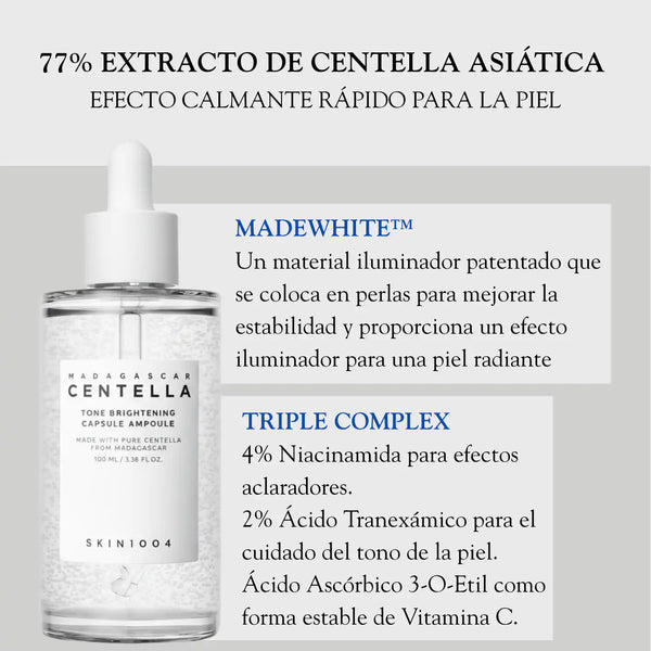 Ampolla coreana SKIN1004 Tone Brightening, frasco de 100 ml con cápsulas para un cuidado facial luminoso y revitalizante.