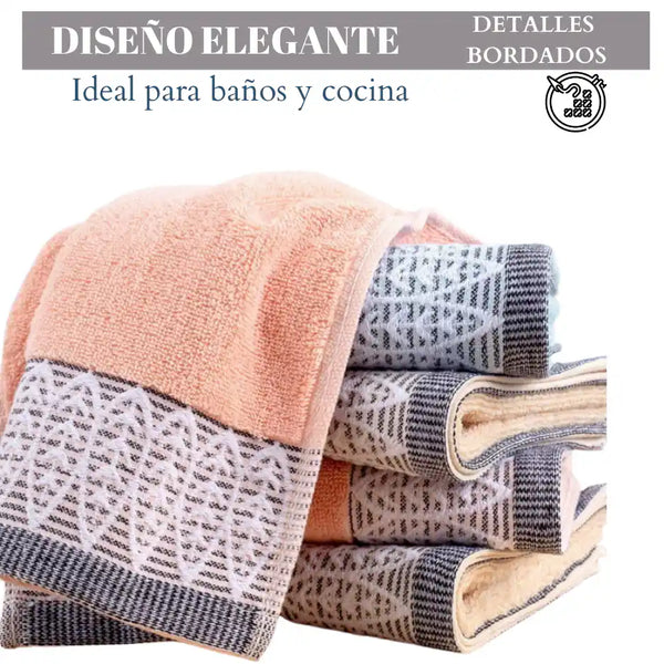 Seis toallas de algodón blancas de 75x35 cm para baño y cocina, con textura suave y diseño sencillo.