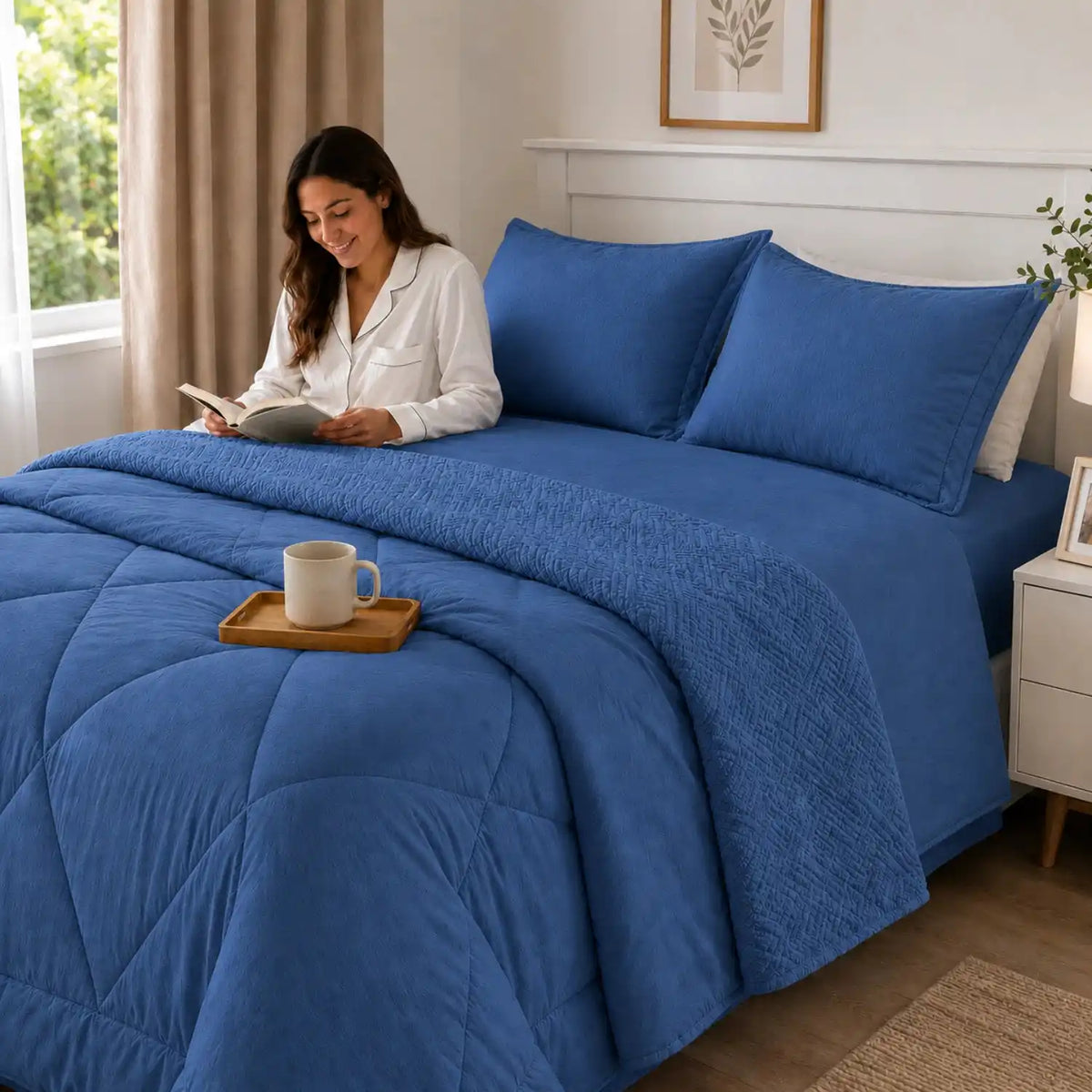 Conjunto de cobertor Queen de 7 piezas en color azul, con almohadas y fundas, de la marca Enigma Store.