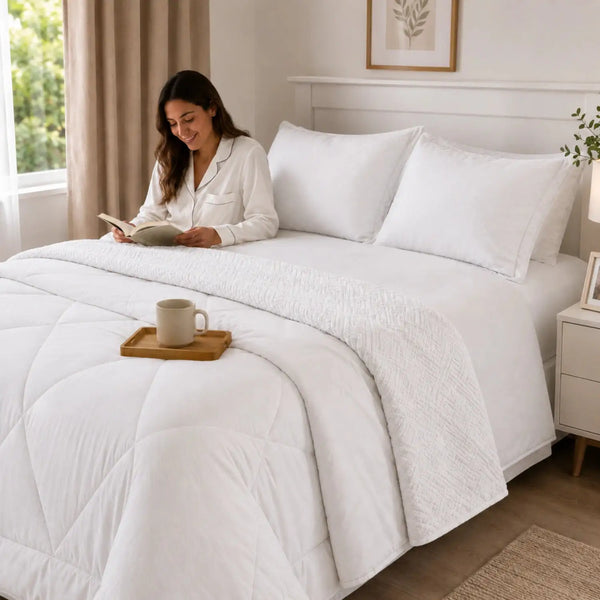 Juego de cobertor Queen de 7 piezas en color blanco, con diseño suave y cómodo para cama tamaño queen.