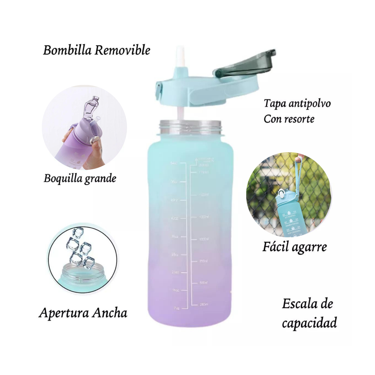 Botella De Agua Deporte Motivacional 900 Ml Con Bombilla