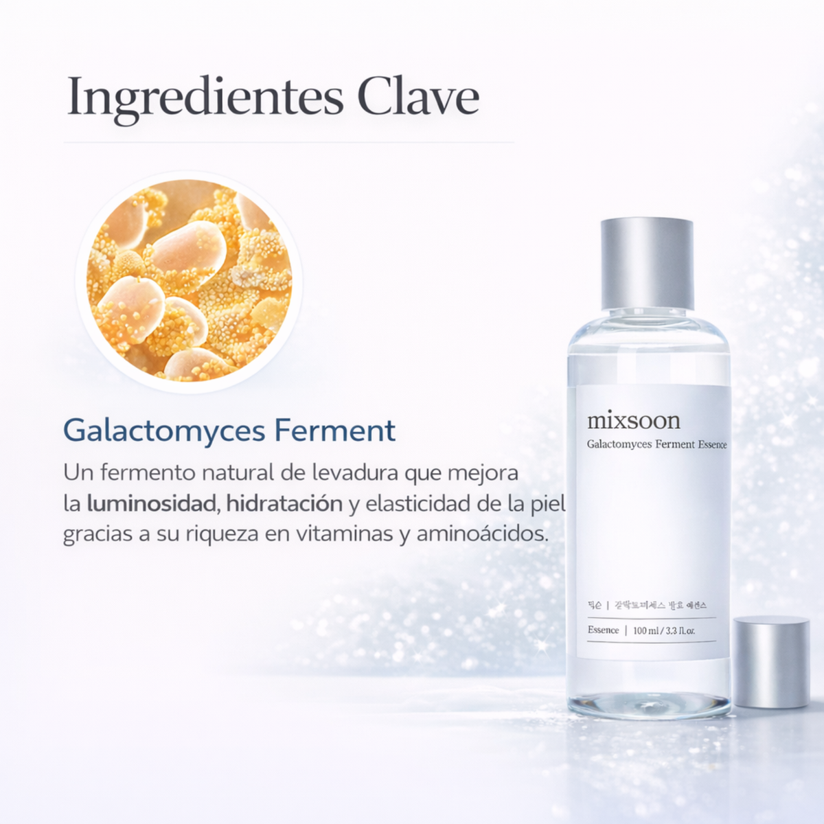 Esencia de fermento de galactomyces Mixsoon para cuidado facial, frasco de 100ml, en envase transparente con gotas.