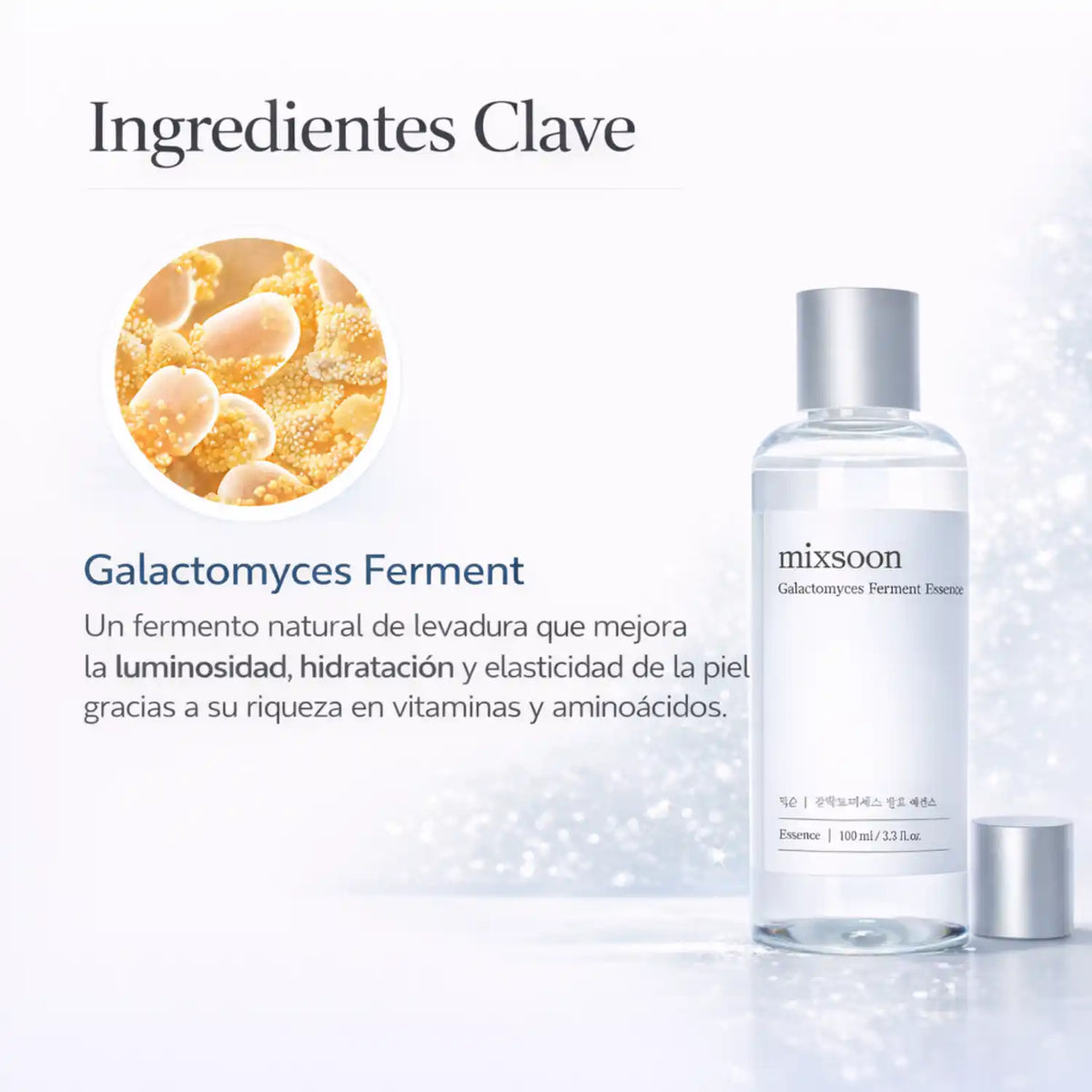Esencia de fermento de galactomyces Mixsoon para cuidado facial, frasco de 100ml, en envase transparente con gotas.
