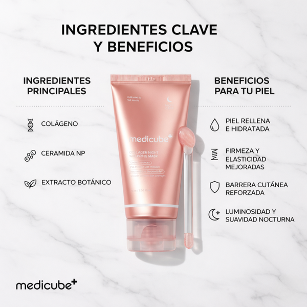 Máscara nocturna de colágeno Medicube, producto coreano para cuidado de la piel, con envase de 75 ml y textura cremosa.