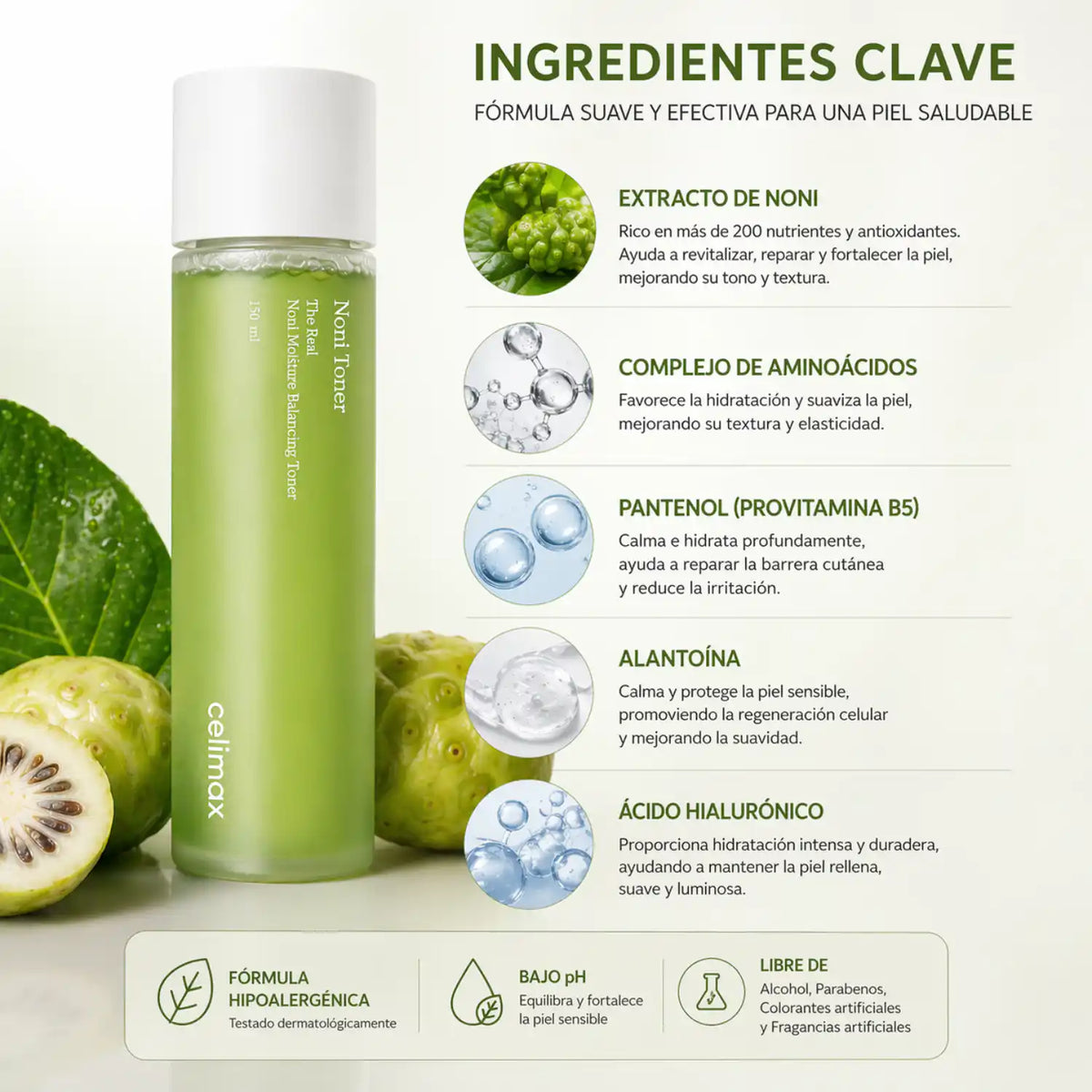Tónico hidratante CELIMAX THE REAL NONI para cuidado facial, botella de 150ml, en envase transparente con líquido claro