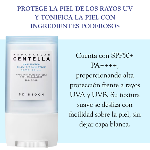 Protector solar en barra SKIN1004 Hyalu-Cica Silky-fit Sun Stick de 20g, fórmula hidratante y calmante para la piel.