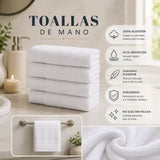 Set de 4 toallas blancas de algodón de 75x35 cm con peso de 130 g, ideales para baño en estilo hotel, de Enigma Store.