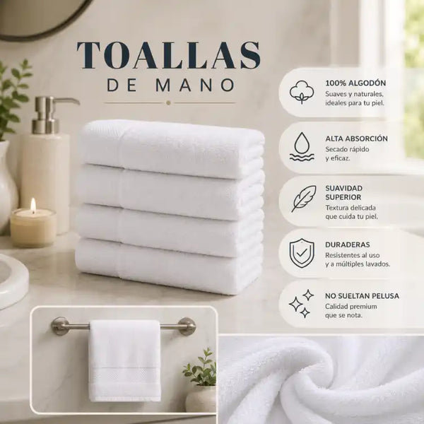 Set de 4 toallas blancas de algodón de 75x35 cm con peso de 130 g, ideales para baño en estilo hotel, de Enigma Store.